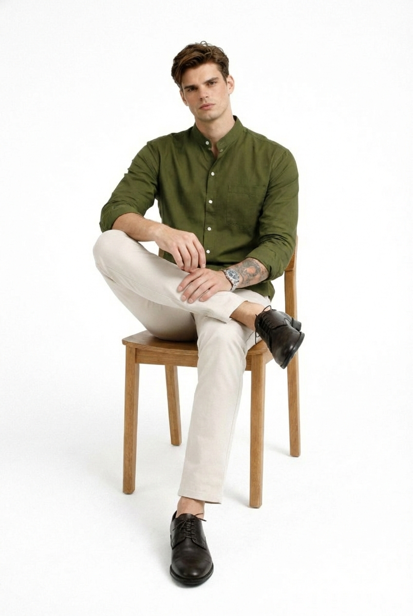 Men’s Solid Olive Green Band Collar Shirt