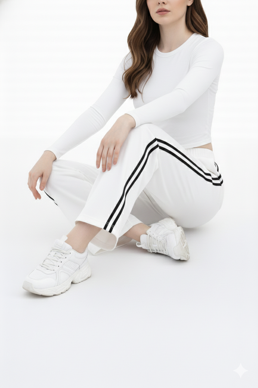 Women’s White Side Stripe Wide Leg Track Pants