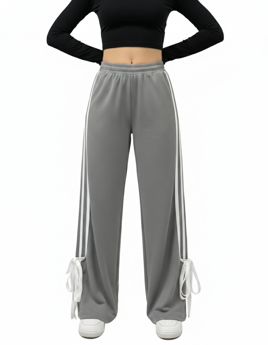 Women’s Wide-Leg Sporty Sweatpants with Side Stripes and Ribbon Tie-Hem