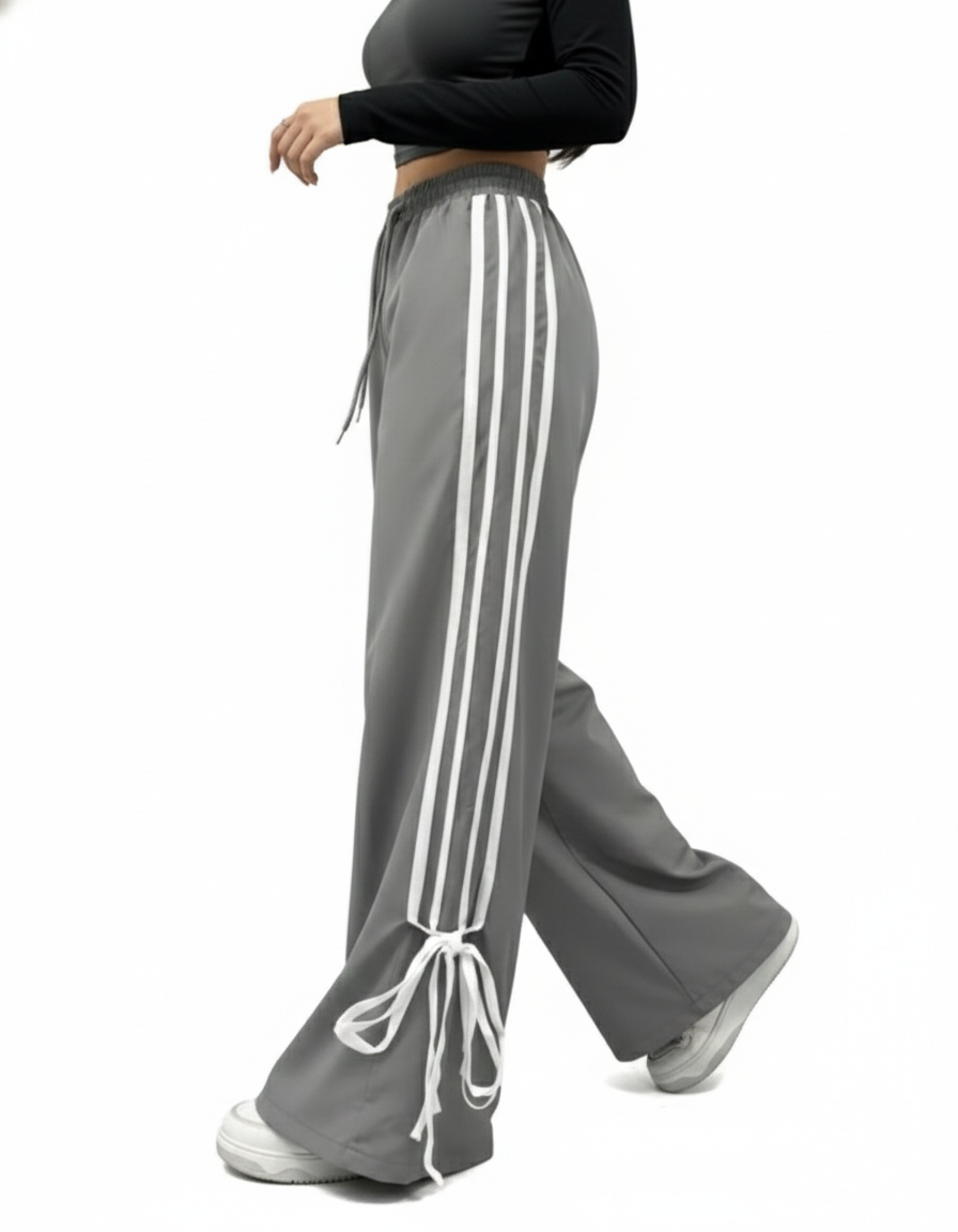 Women’s Wide-Leg Sporty Sweatpants with Side Stripes and Ribbon Tie-Hem