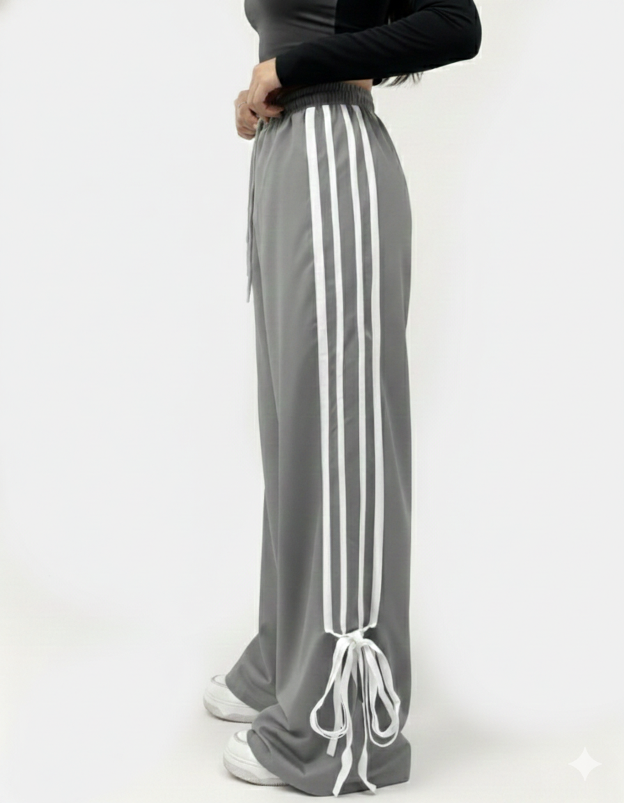 Women’s Wide-Leg Sporty Sweatpants with Side Stripes and Ribbon Tie-Hem