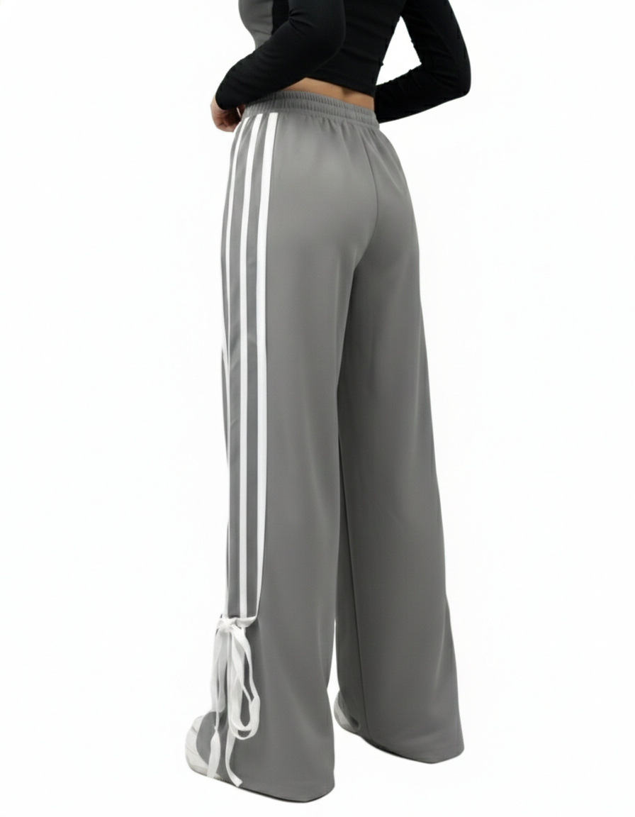 Women’s Wide-Leg Sporty Sweatpants with Side Stripes and Ribbon Tie-Hem