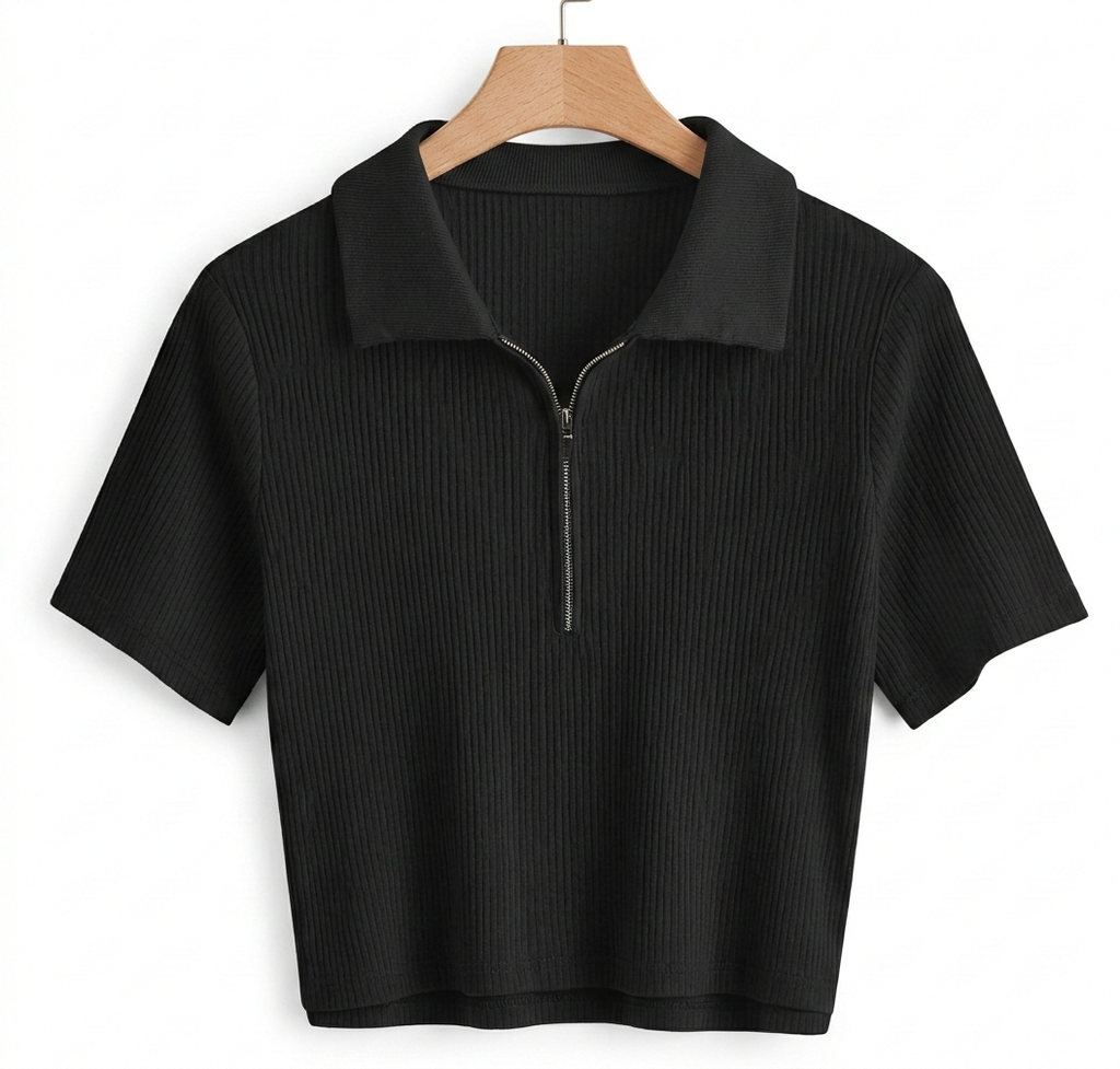 Ribbed Quarter-Zip Crop Polo