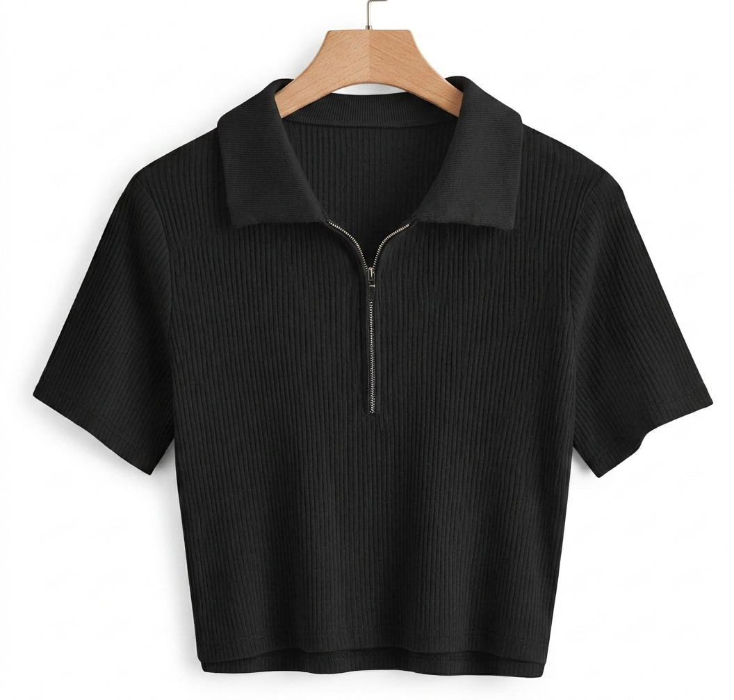 Ribbed Quarter-Zip Crop Polo