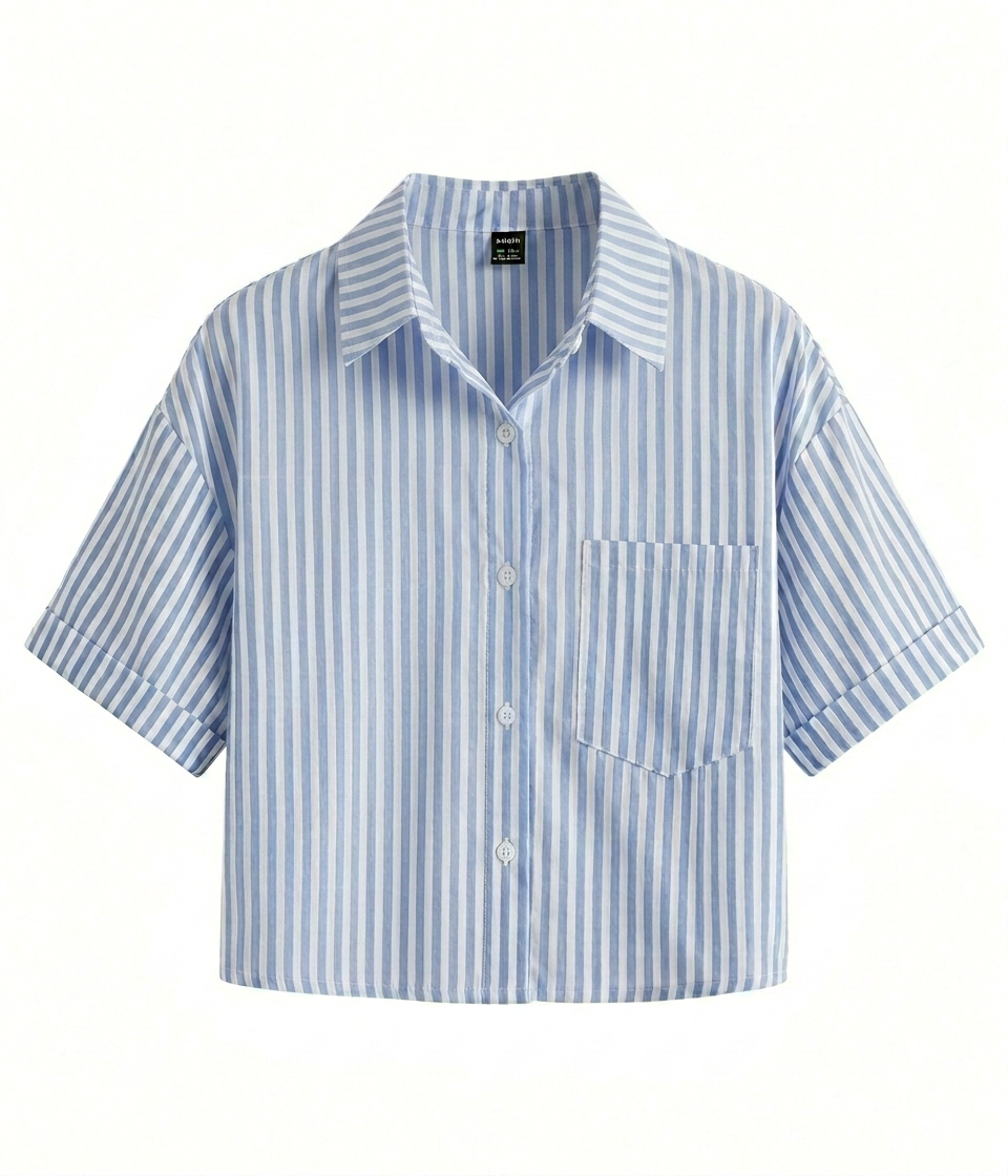 Sky-Blue & White Vertical Striped Crop Shirt