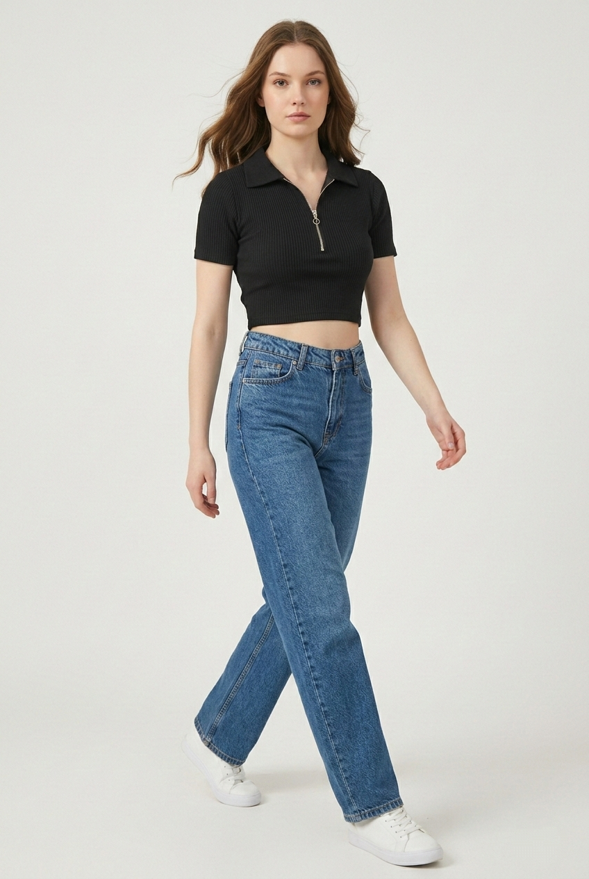 Ribbed Quarter-Zip Crop Polo