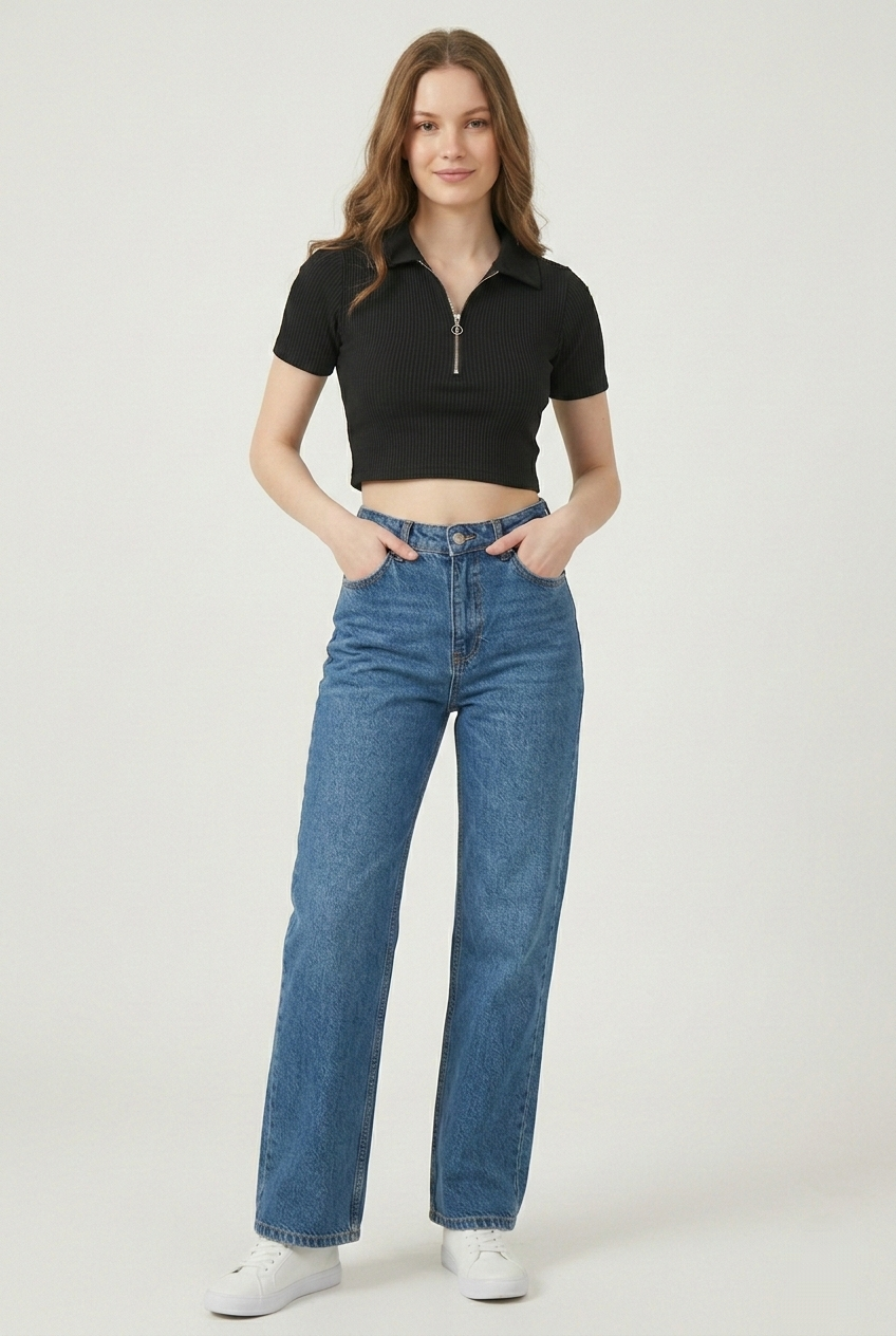 Ribbed Quarter-Zip Crop Polo