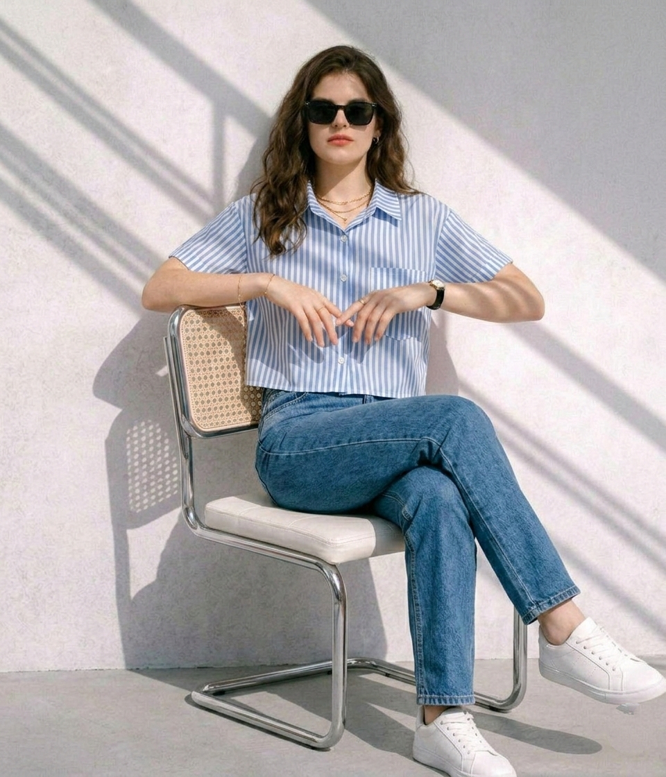 Sky-Blue & White Vertical Striped Crop Shirt