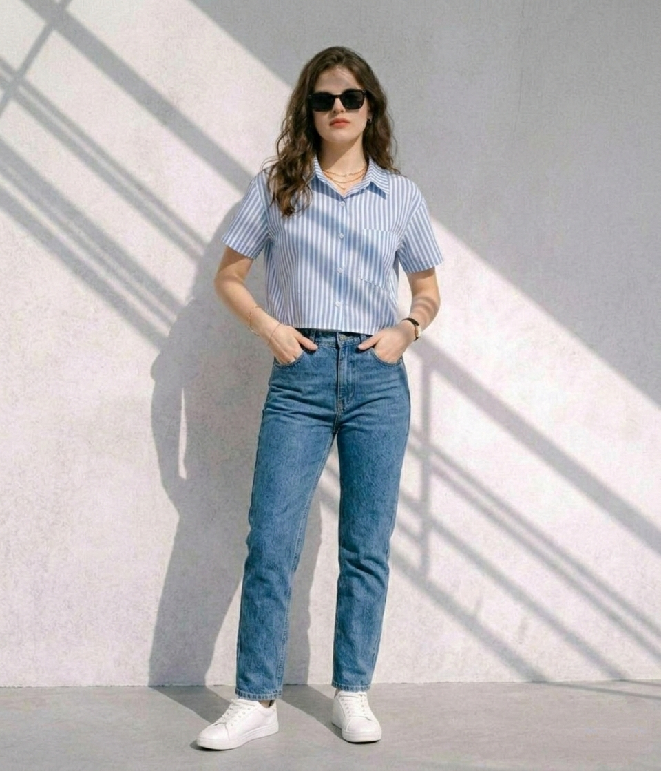 Sky-Blue & White Vertical Striped Crop Shirt