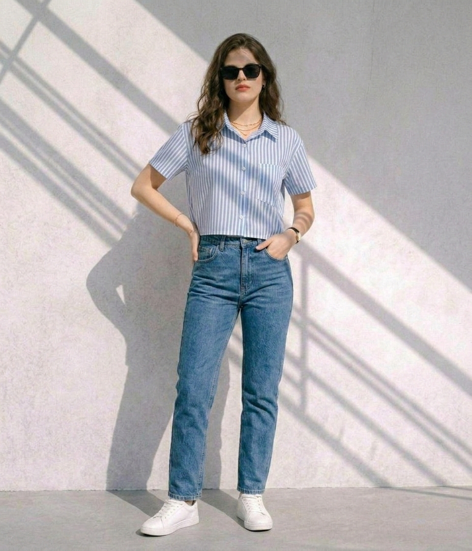 Sky-Blue & White Vertical Striped Crop Shirt