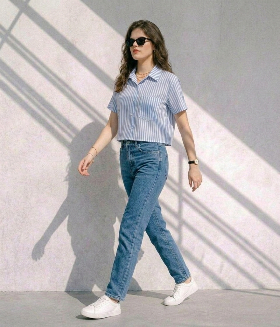 Sky-Blue & White Vertical Striped Crop Shirt