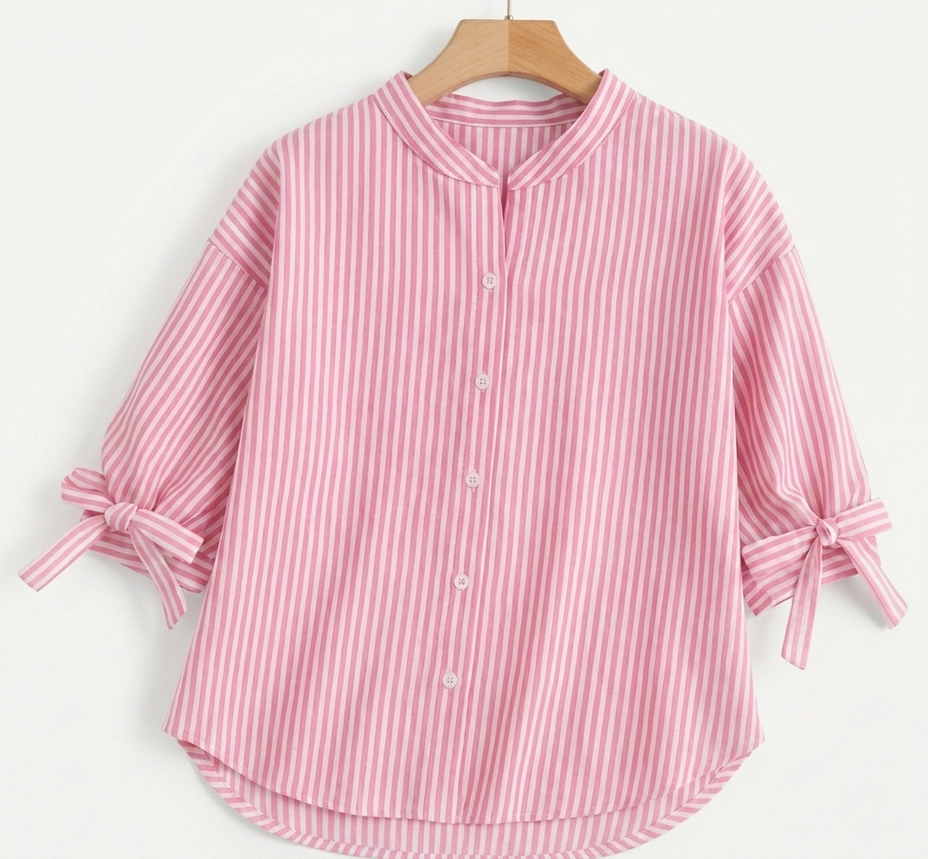 Pastel Pink Striped Mandarin Collar Shirt with Bow-Cuff Sleeves