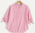Pastel Pink Striped Mandarin Collar Shirt with Bow-Cuff Sleeves