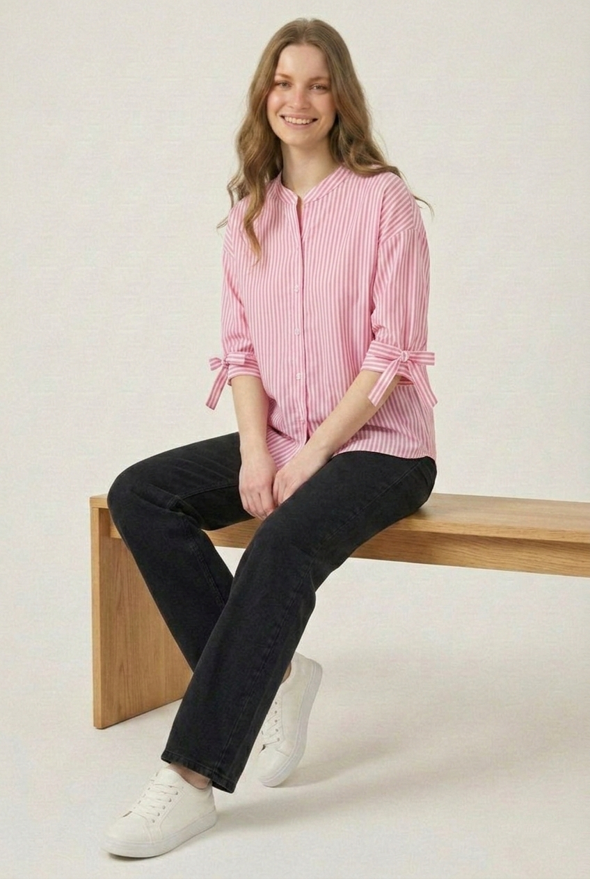 Pastel Pink Striped Mandarin Collar Shirt with Bow-Cuff Sleeves