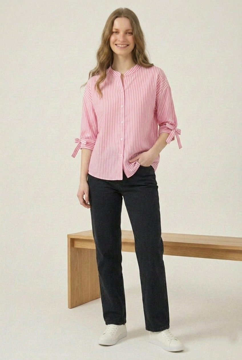 Pastel Pink Striped Mandarin Collar Shirt with Bow-Cuff Sleeves