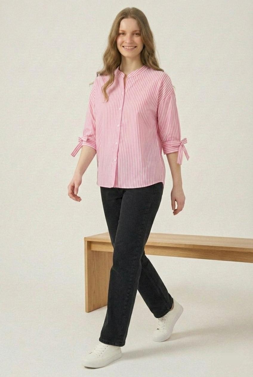 Pastel Pink Striped Mandarin Collar Shirt with Bow-Cuff Sleeves