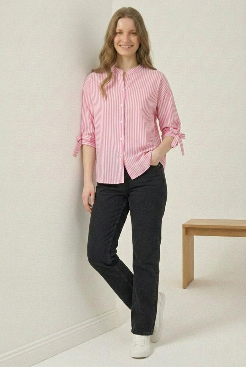 Pastel Pink Striped Mandarin Collar Shirt with Bow-Cuff Sleeves