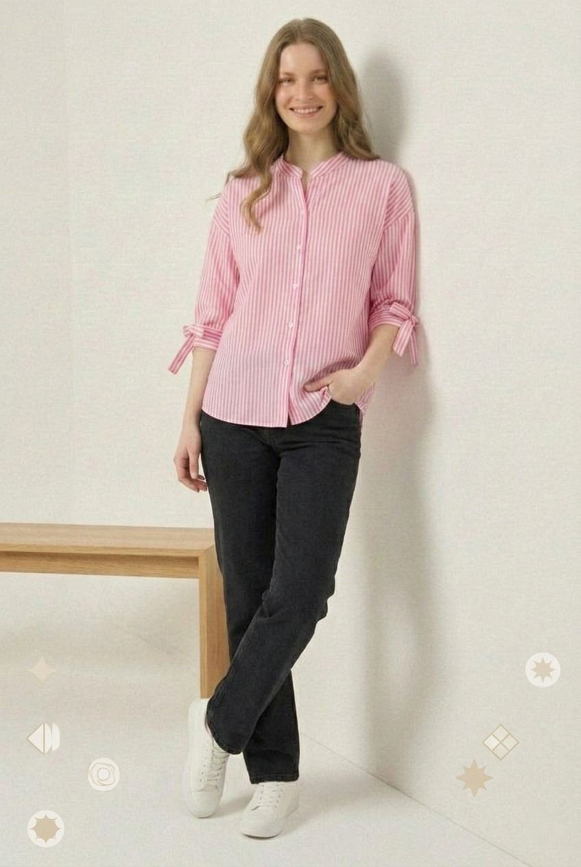 Pastel Pink Striped Mandarin Collar Shirt with Bow-Cuff Sleeves