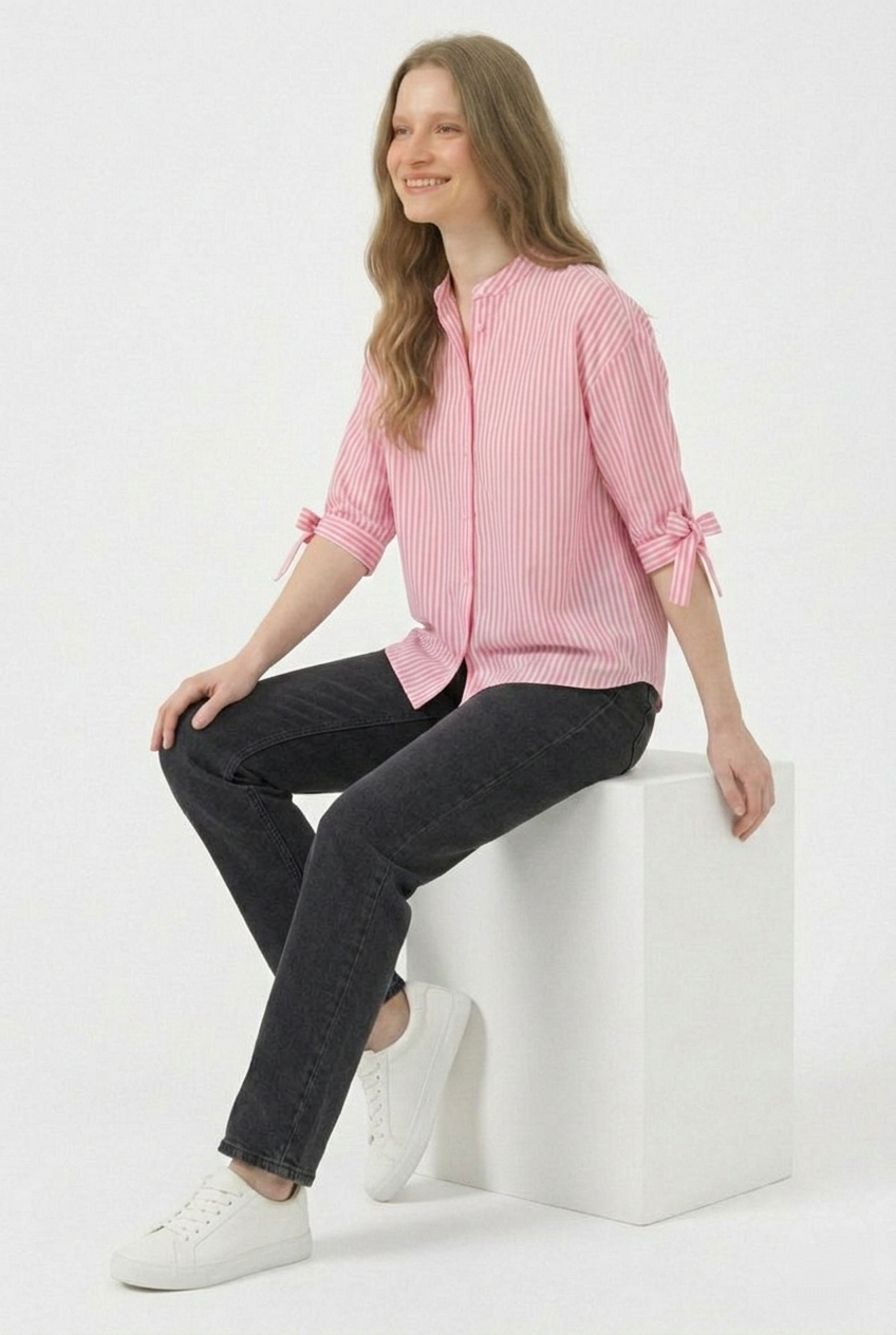 Pastel Pink Striped Mandarin Collar Shirt with Bow-Cuff Sleeves