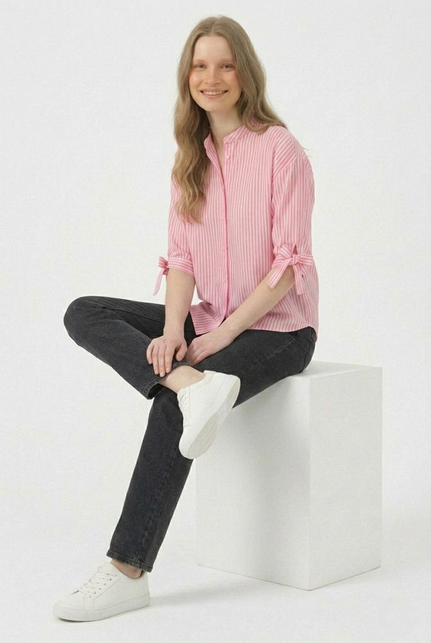 Pastel Pink Striped Mandarin Collar Shirt with Bow-Cuff Sleeves