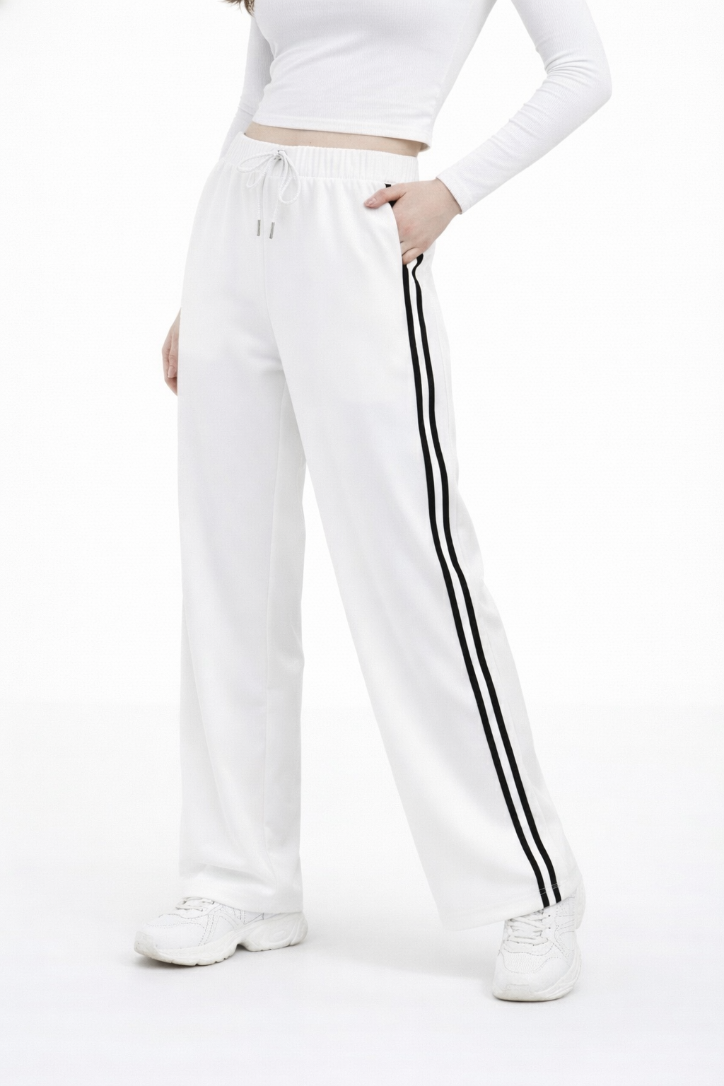 Women’s White Side Stripe Wide Leg Track Pants
