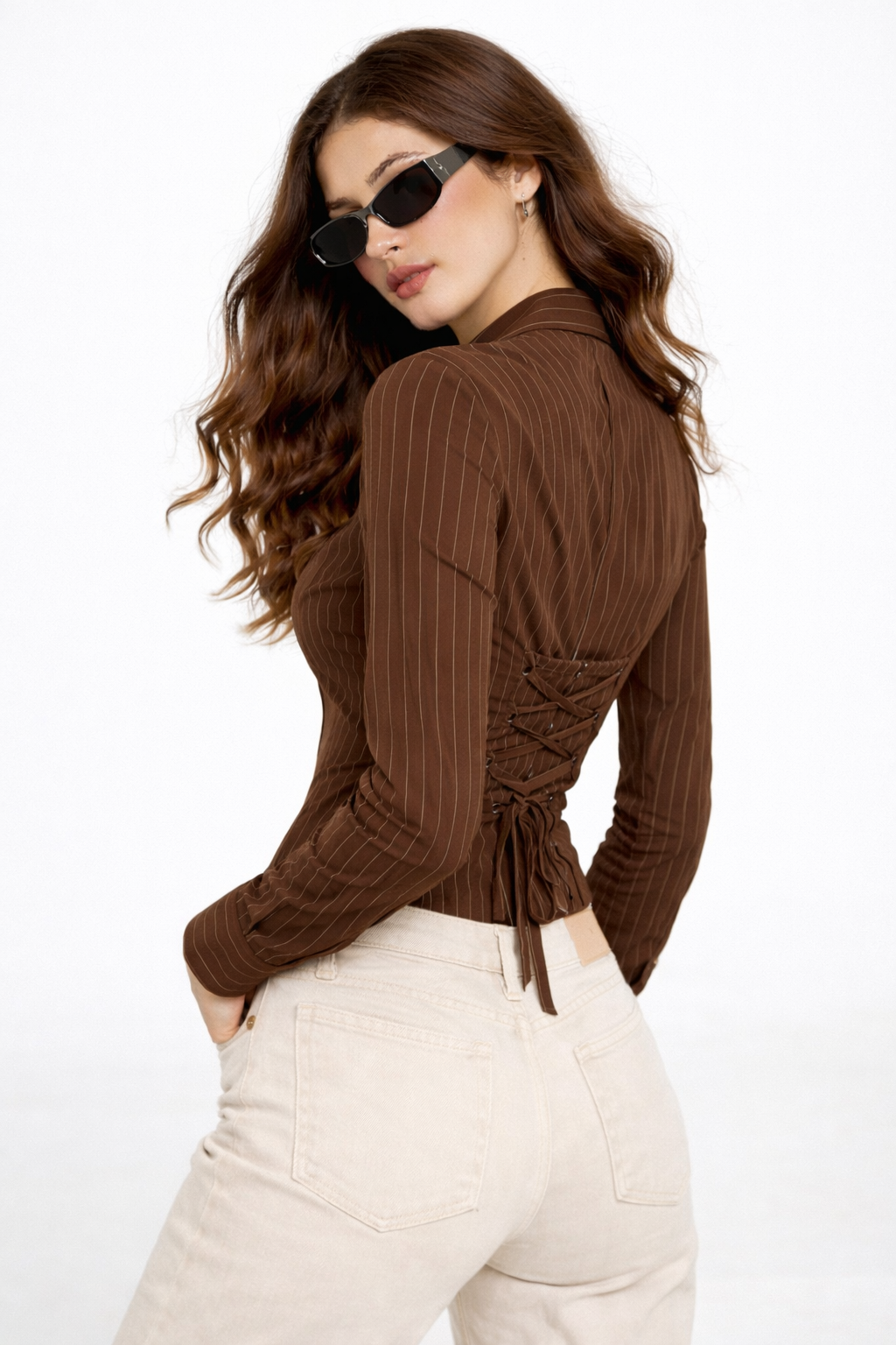 Women’s Brown Vertical Stripe Slim Fit Shirt