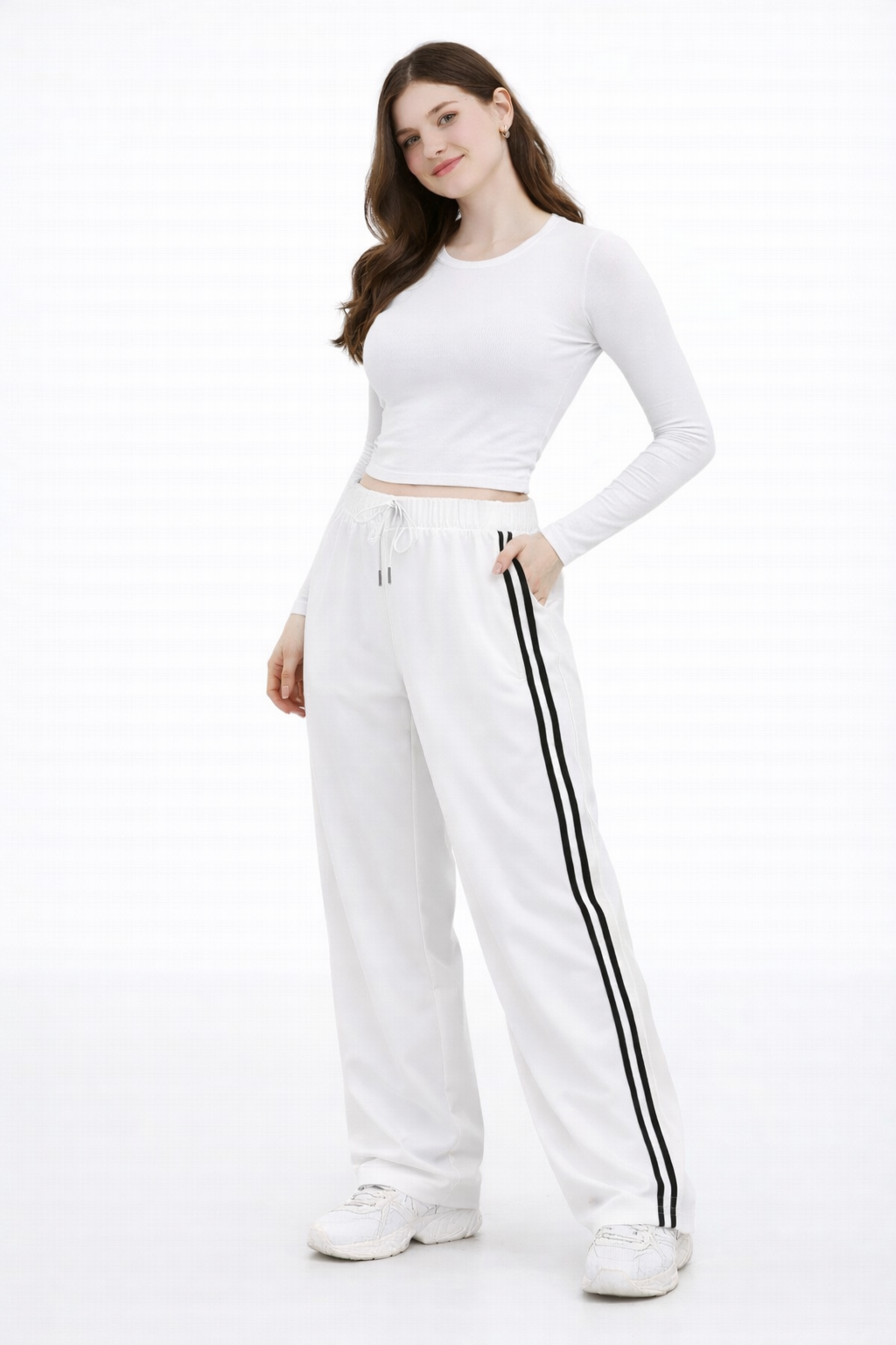 Women’s White Side Stripe Wide Leg Track Pants
