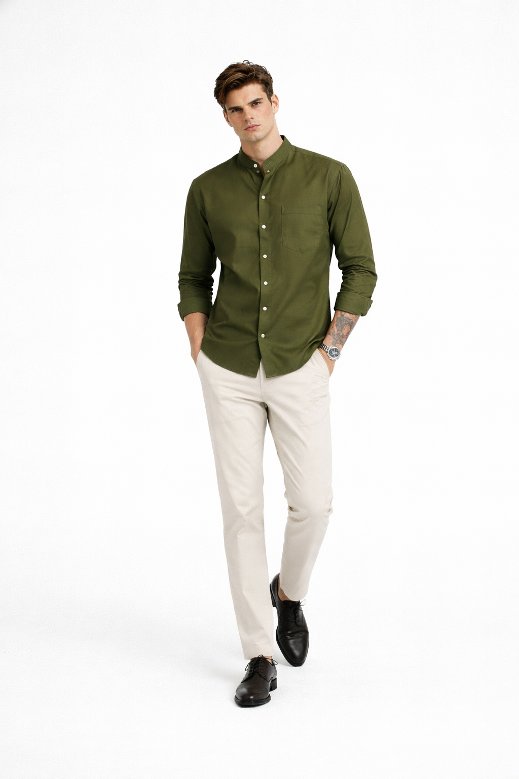 Men’s Solid Olive Green Band Collar Shirt