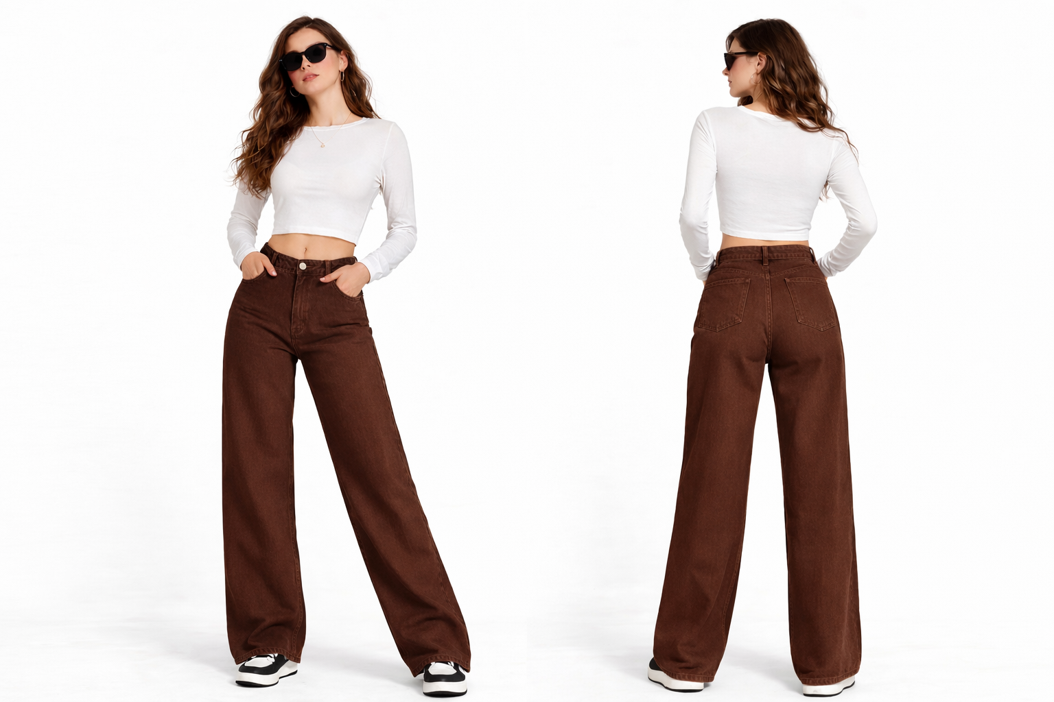 Premium High-Rise Wide-Leg Denim Jeans – Dark Brown