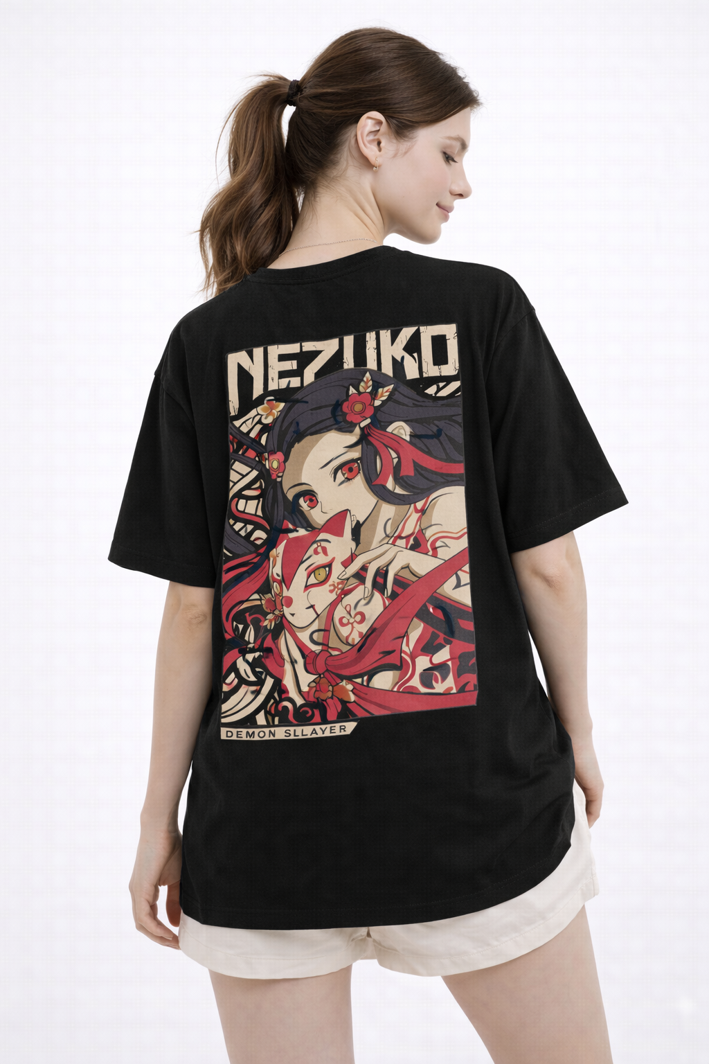 Women’s Black Oversized Anime Print T-Shirt