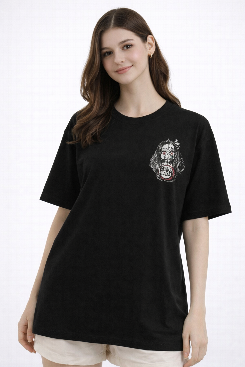 Women’s Black Oversized Anime Print T-Shirt