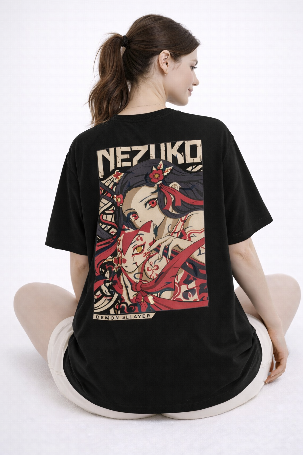 Women’s Black Oversized Anime Print T-Shirt