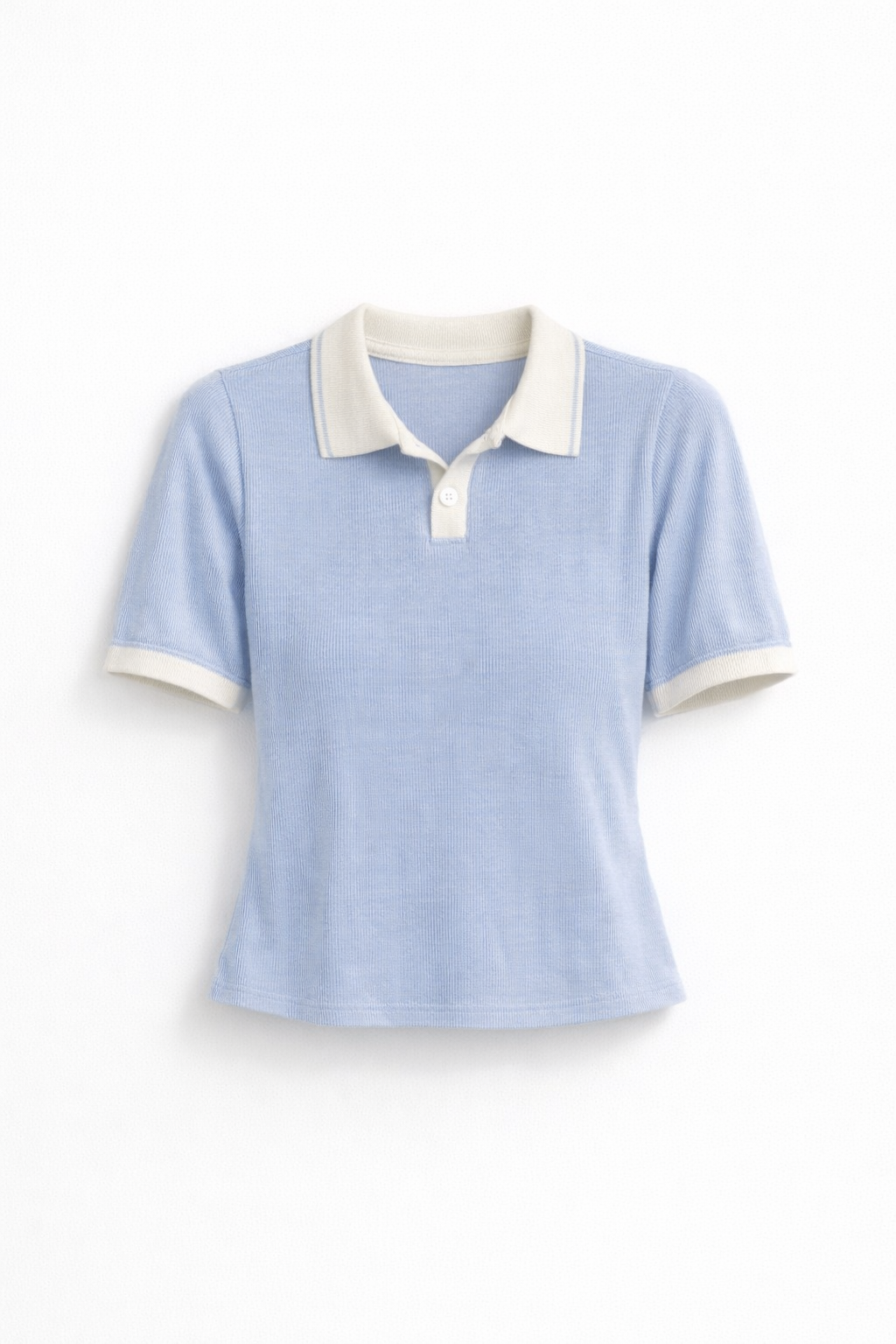 Sky Blue Ribbed Polo Chic Top