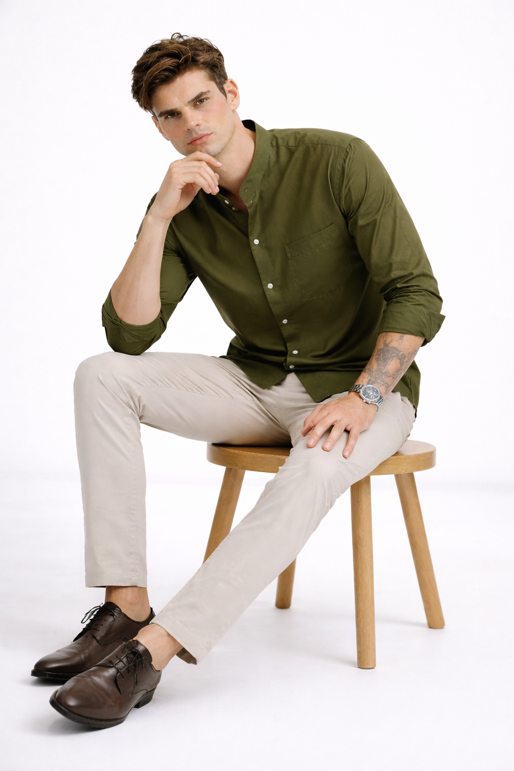 Men’s Solid Olive Green Band Collar Shirt