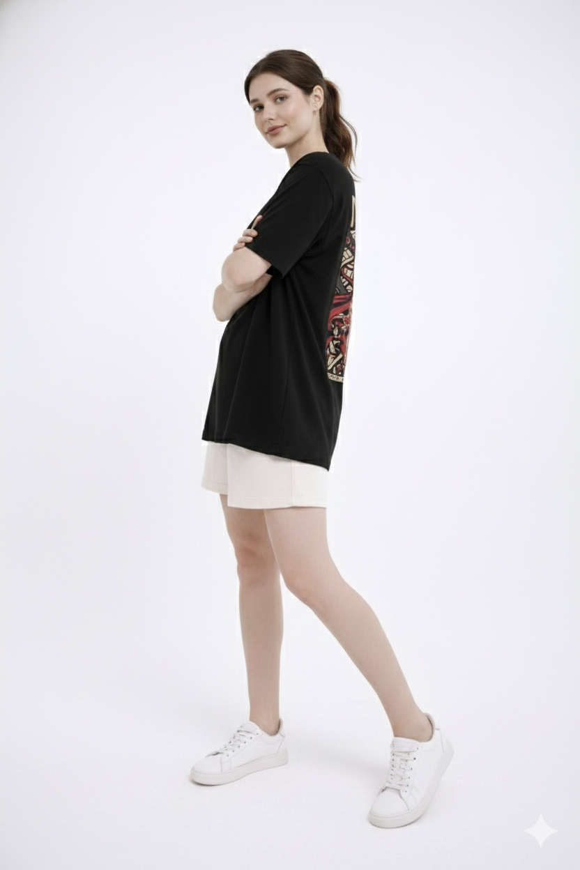 Women’s Black Oversized Anime Print T-Shirt