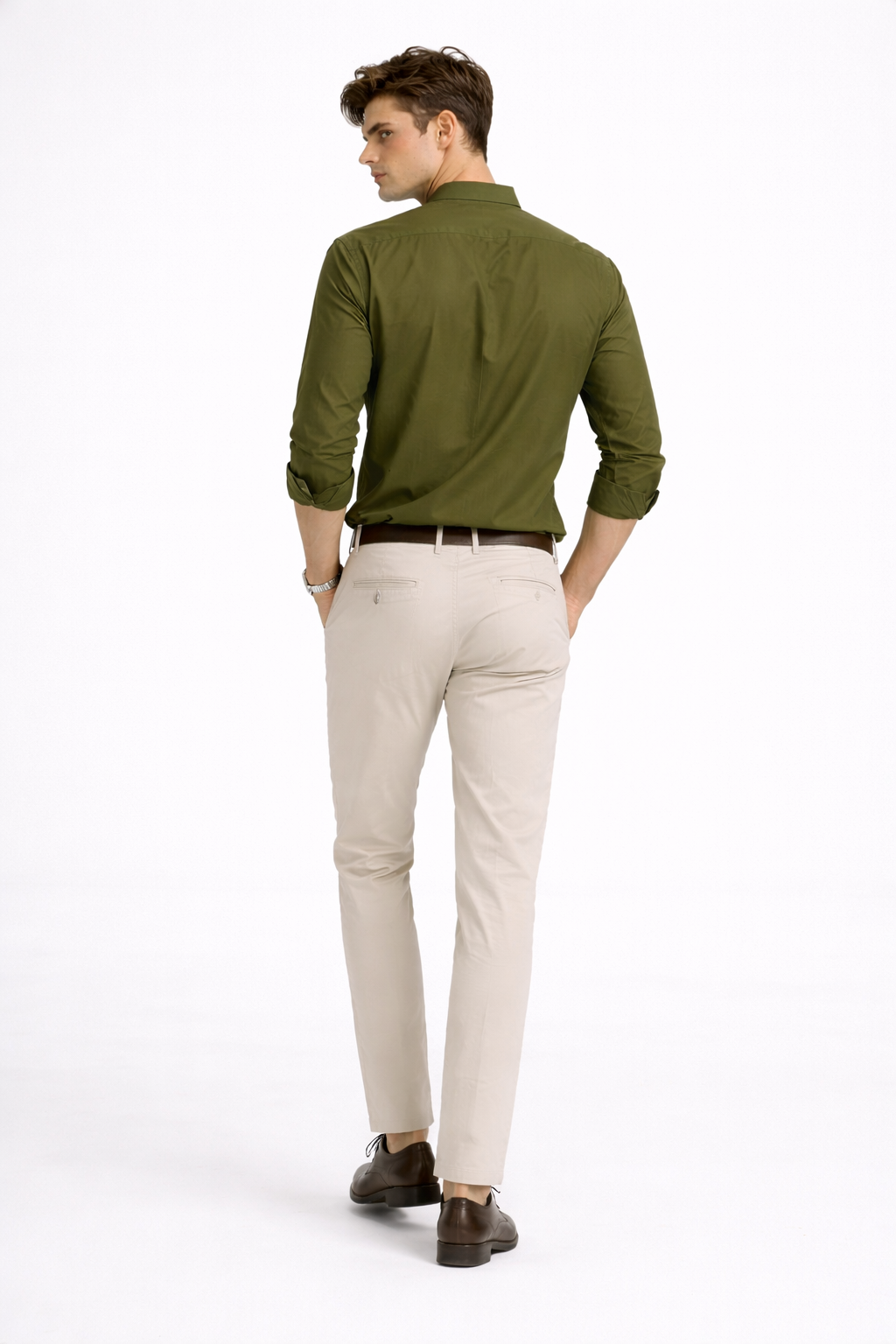 Men’s Solid Olive Green Band Collar Shirt