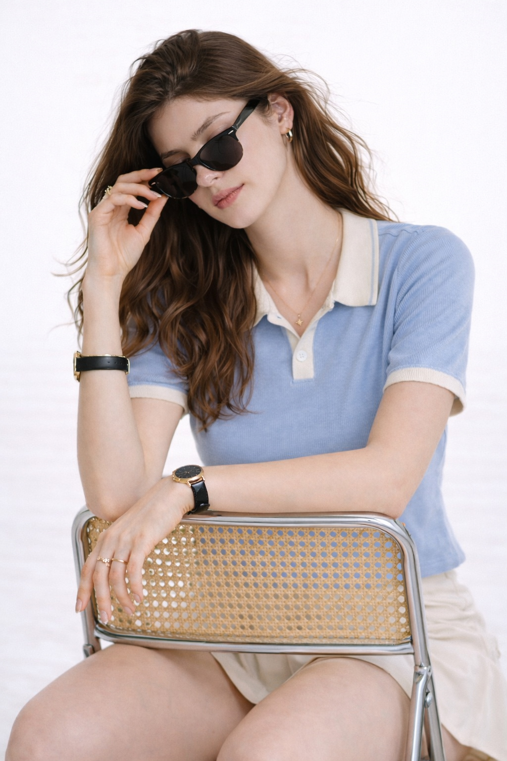 Sky Blue Ribbed Polo Chic Top