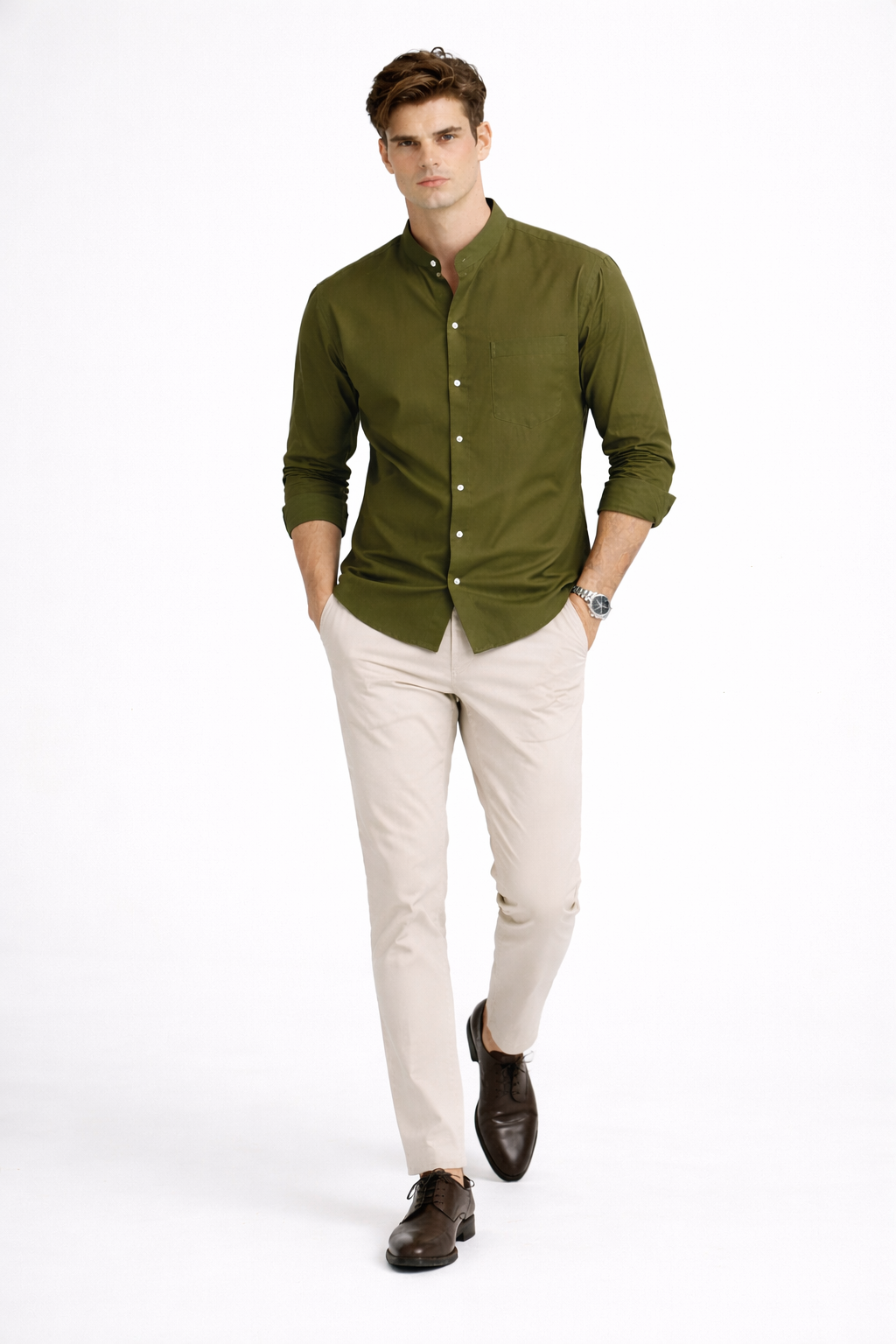 Men’s Solid Olive Green Band Collar Shirt