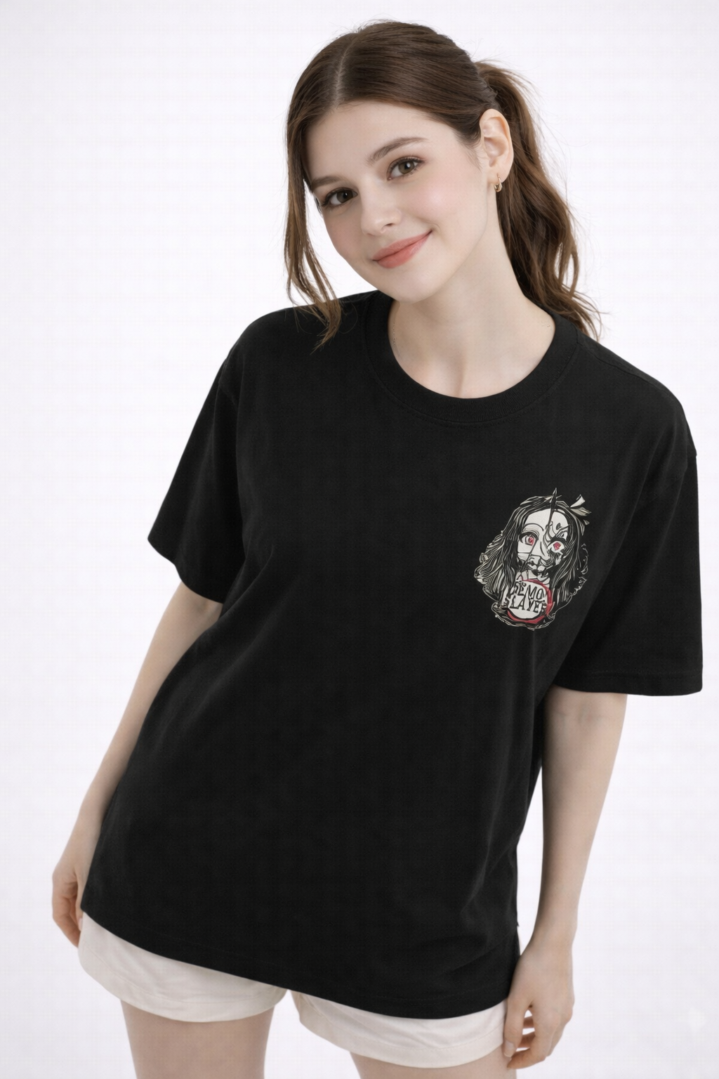 Women’s Black Oversized Anime Print T-Shirt