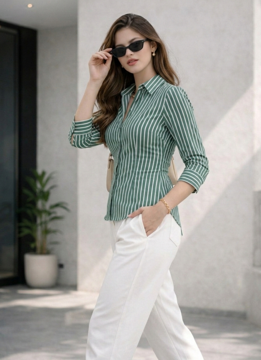 Women’s Green Striped Corset Back Fitted Shirt