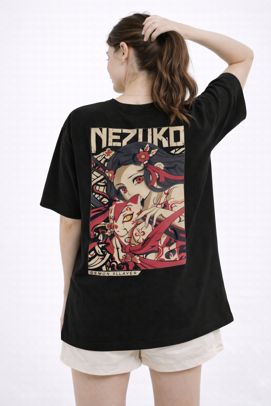 Women’s Black Oversized Anime Print T-Shirt