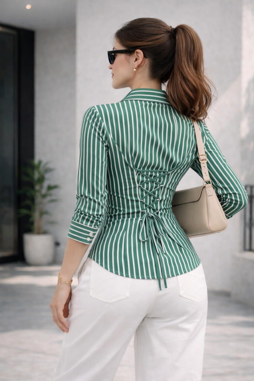 Women’s Green Striped Corset Back Fitted Shirt