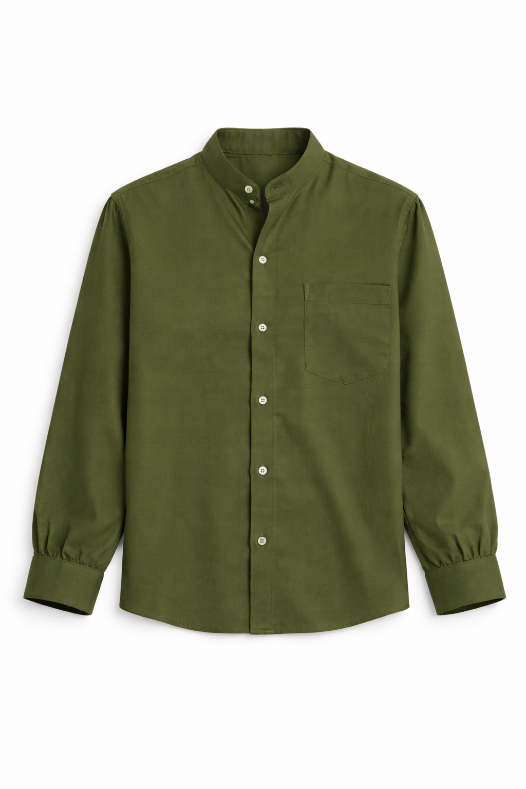 Men’s Solid Olive Green Band Collar Shirt